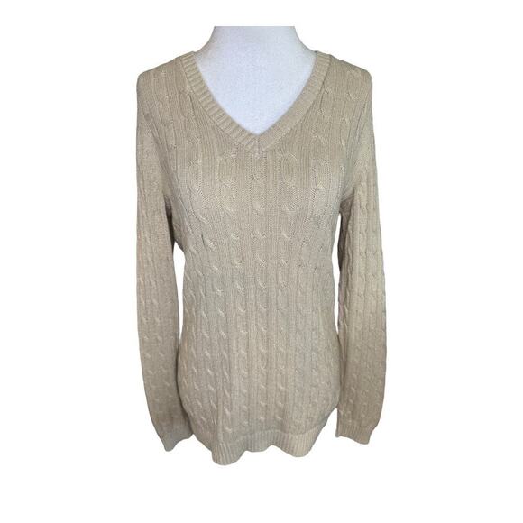Ann Taylor LOFT Women's Medium Glittery Gold Cable Knit V-Neck Pullover Sweater - Picture 1 of 7